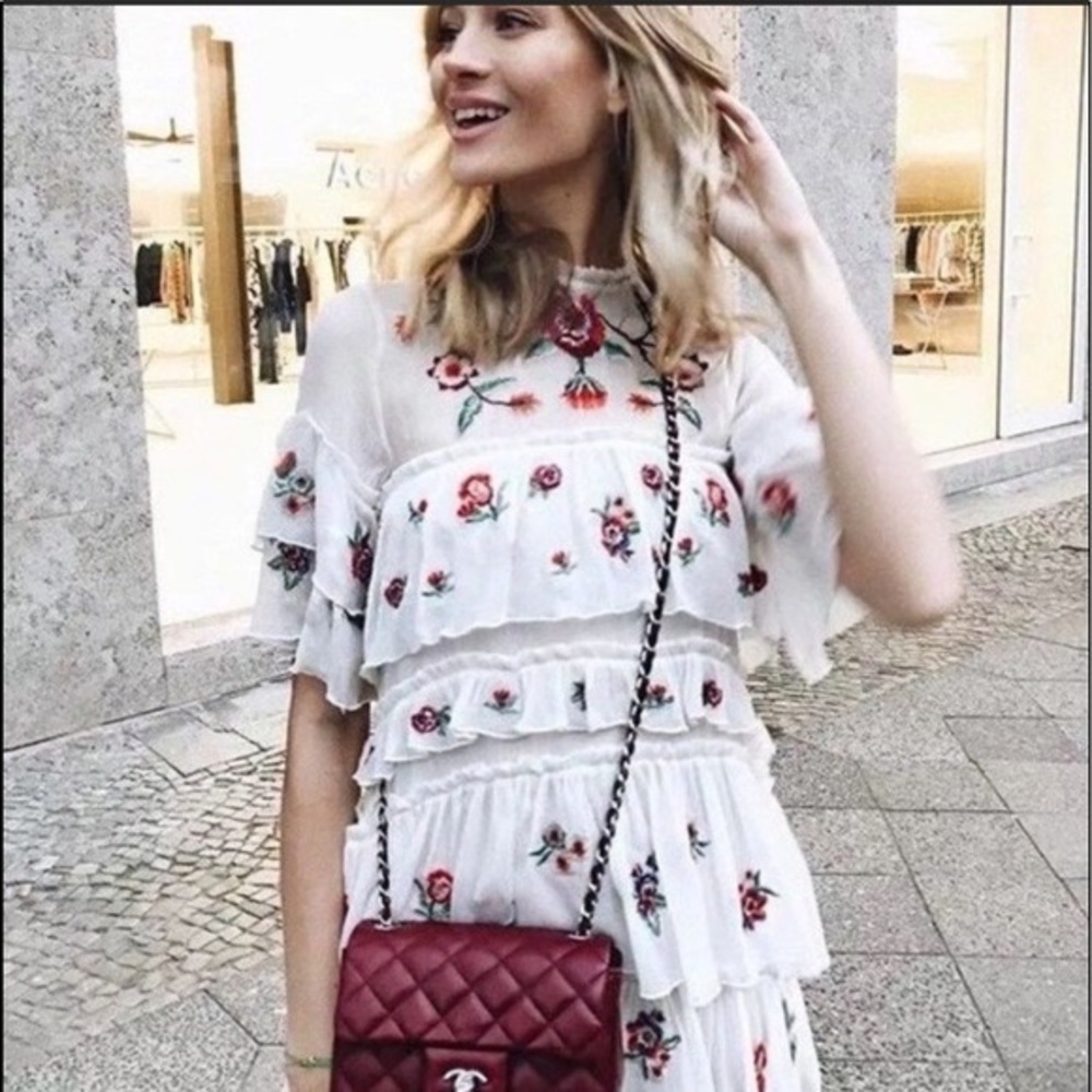 ZARA White Embroidered Floral Tiered Dress